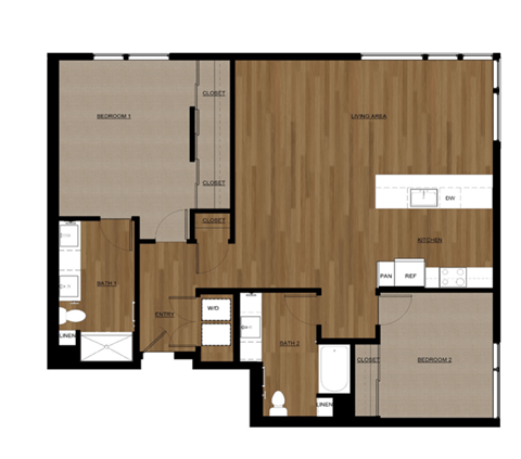Floor plan for 2 beds, 2 baths, 1377 sqft
